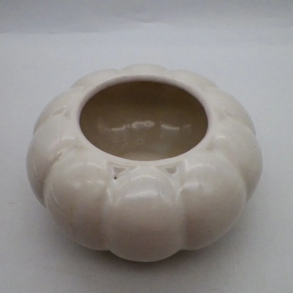 Mid Century Modern Ribbed Melon Planter White Glazed Ceramic Vintage